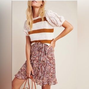 Anthropologie Floral Midi Skirt in Red and Brown